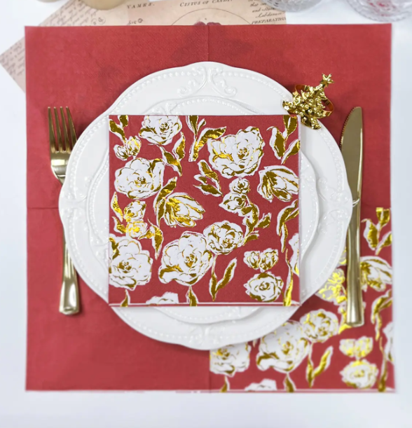 red printed paper napkin disposable gold foil flower napkin