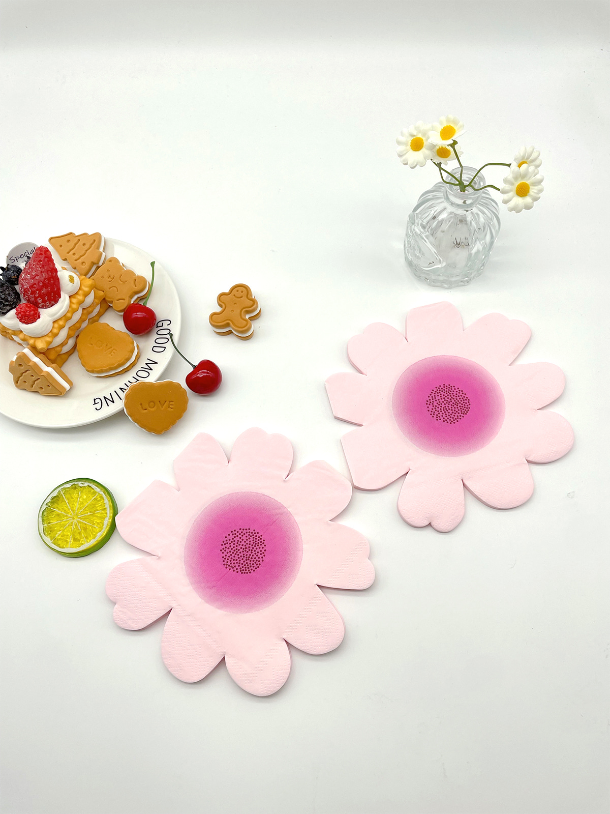 Furong Party Printed Paper Napkins, Pink Flower Shaped For Events