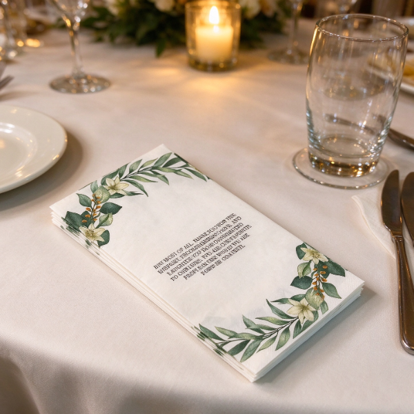 Close-up of floral printed paper napkins on a dining table, highlighting paper texture, folded edges, and decorative table setting details.
