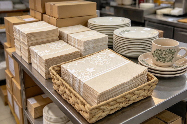 Printed napkins arranged neatly in restaurant back storage area with packaging boxes ready for daily catering service.