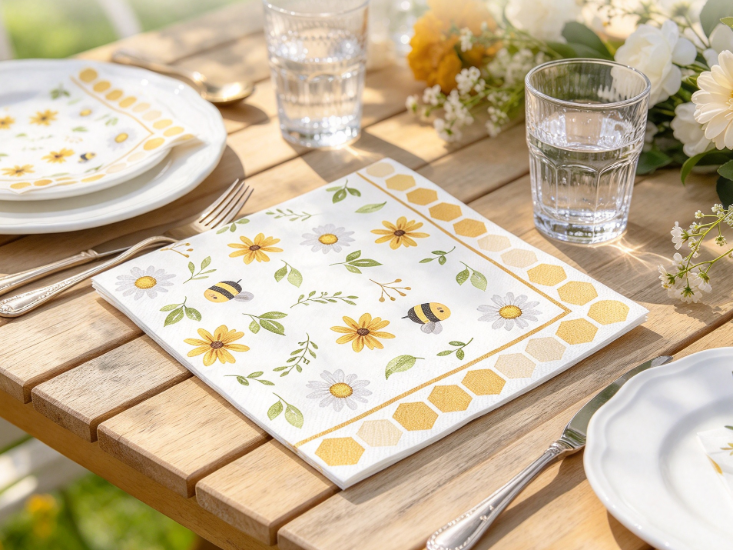 Real size floral bee party paper napkin placed on garden dining table with plates glasses and soft natural light.