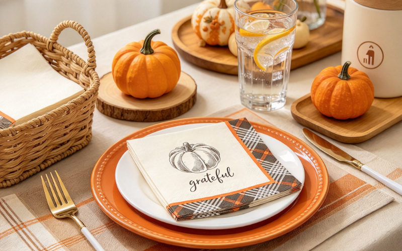 Actual size disposable Thanksgiving napkins at buffet serving area with tray basket cups and small container.