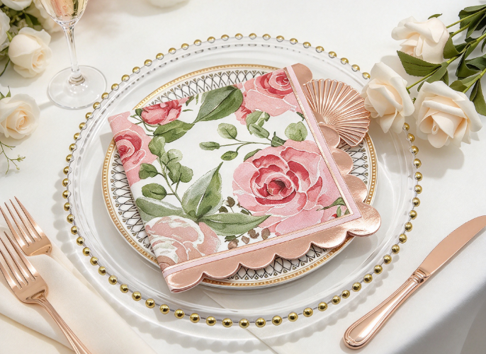 Custom foil napkin with floral pattern and rose gold trim on glass charger plate at wedding table with champagne glass flowers and cutlery.