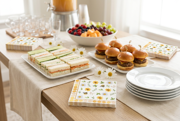 Stacks of bee and daisy print 3 Ply Paper Napkins sit around a party table with finger sandwiches, mini burgers, a fruit bowl, and white plates.