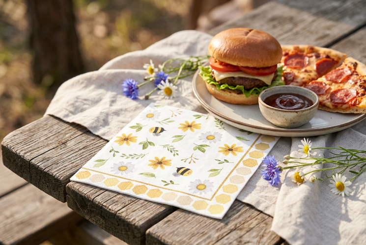 3 Ply Paper Napkins with bee and daisy print on a picnic table beside a burger, pizza and barbecue sauce.